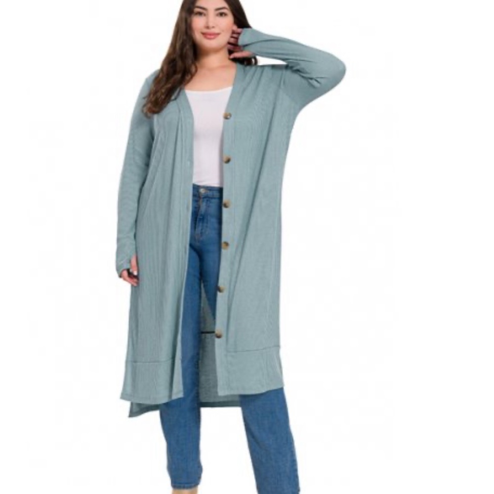 Zenana Outfitters Ribbed Long Cardigan Duster Buttoned Side Slits XL in Black